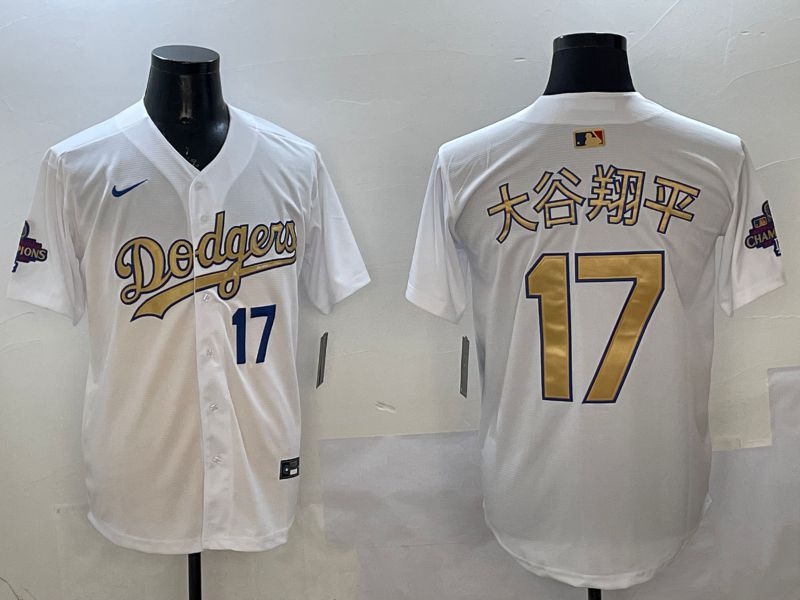 Men Los Angeles Dodgers #17 Ohtani White Champion gold character 2025 Nike MLB Jersey style 16->los angeles dodgers->MLB Jersey